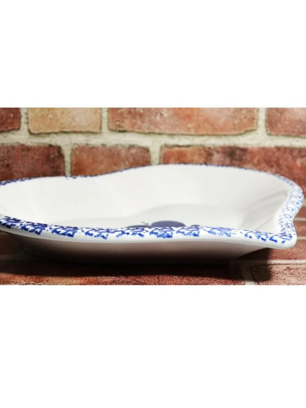 Vintage Blue Spongeware Heart Shaped Stoneware Baking Dish Folkart Decor
